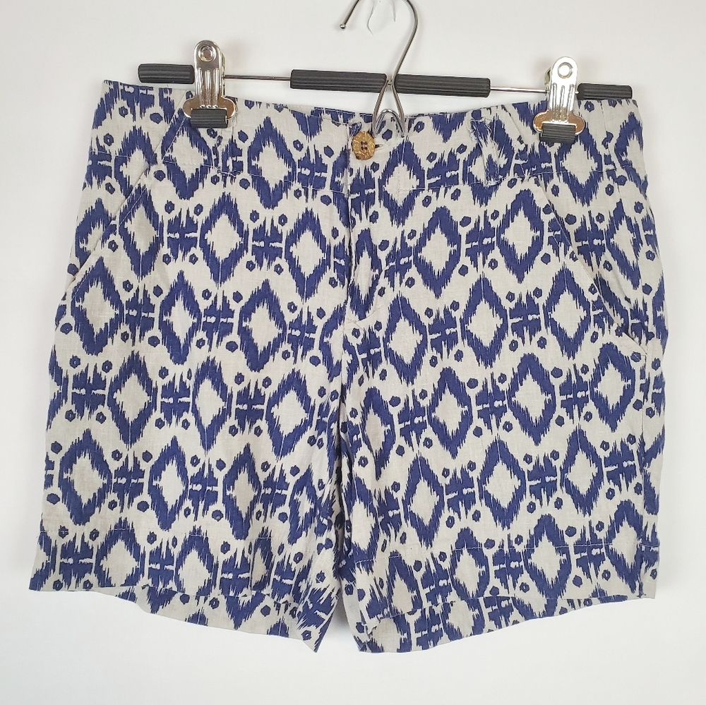 Kenar linen shorts ikat pattern blue and cream EUC